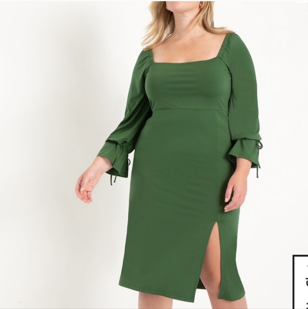 NWT Eloquii Green Square Neck Dress with Tie Sleeve Detail